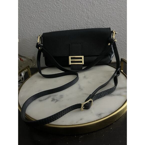 Divina Firenze Italian Leather Abbi  Black Crossbody/Shoulder Flap Bag Purse - Picture 1 of 10